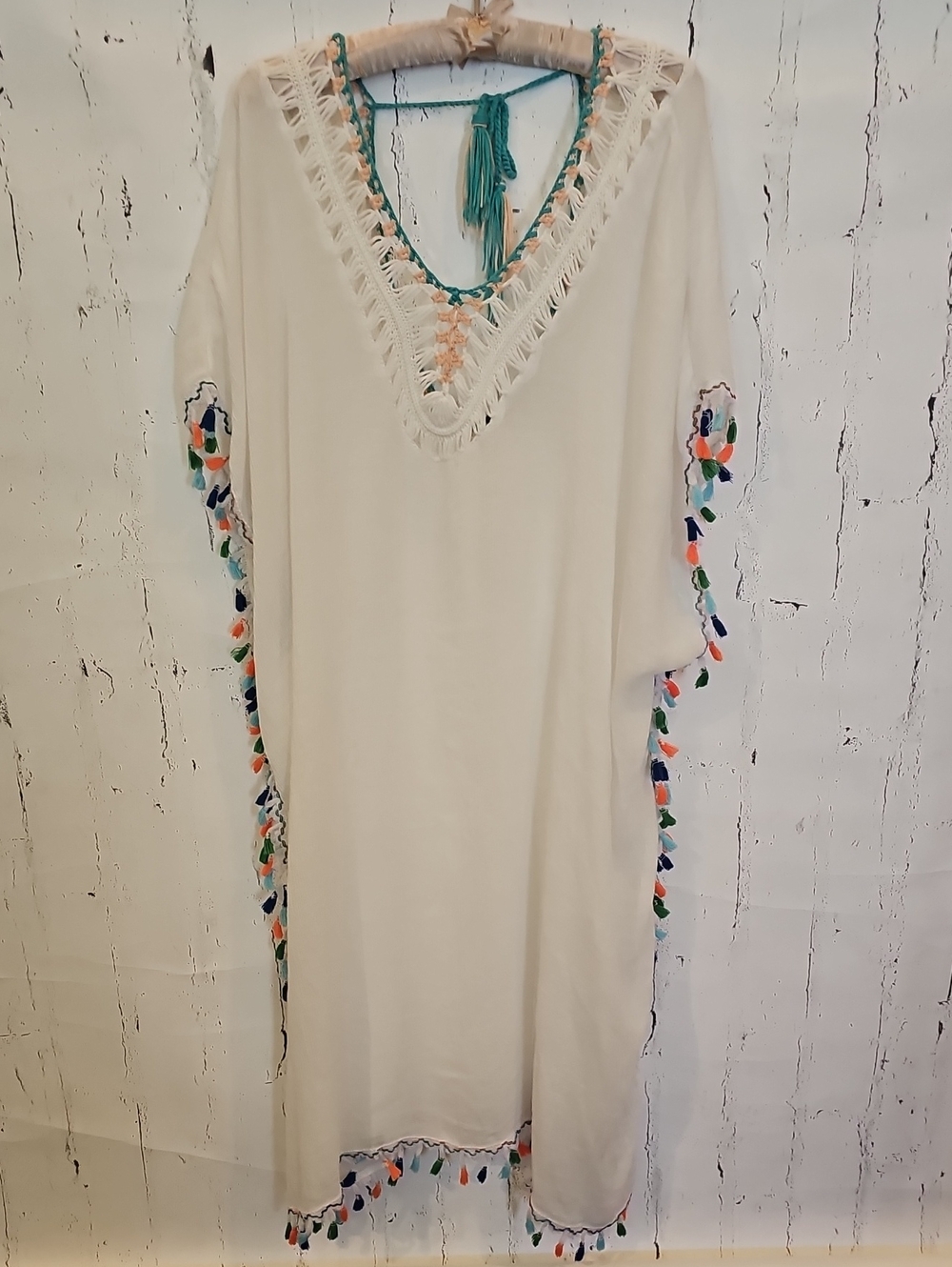 Boho Tassel Trim White Kaftan Bathing Suit cover